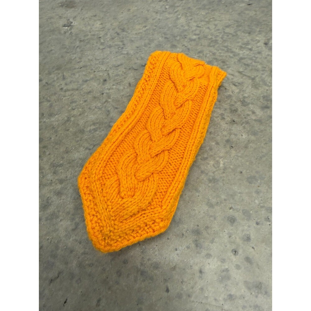 Vtg 70s Handmade Necktie Cable Knit Orange Crocheted Neon Dress Hippie 57 In
